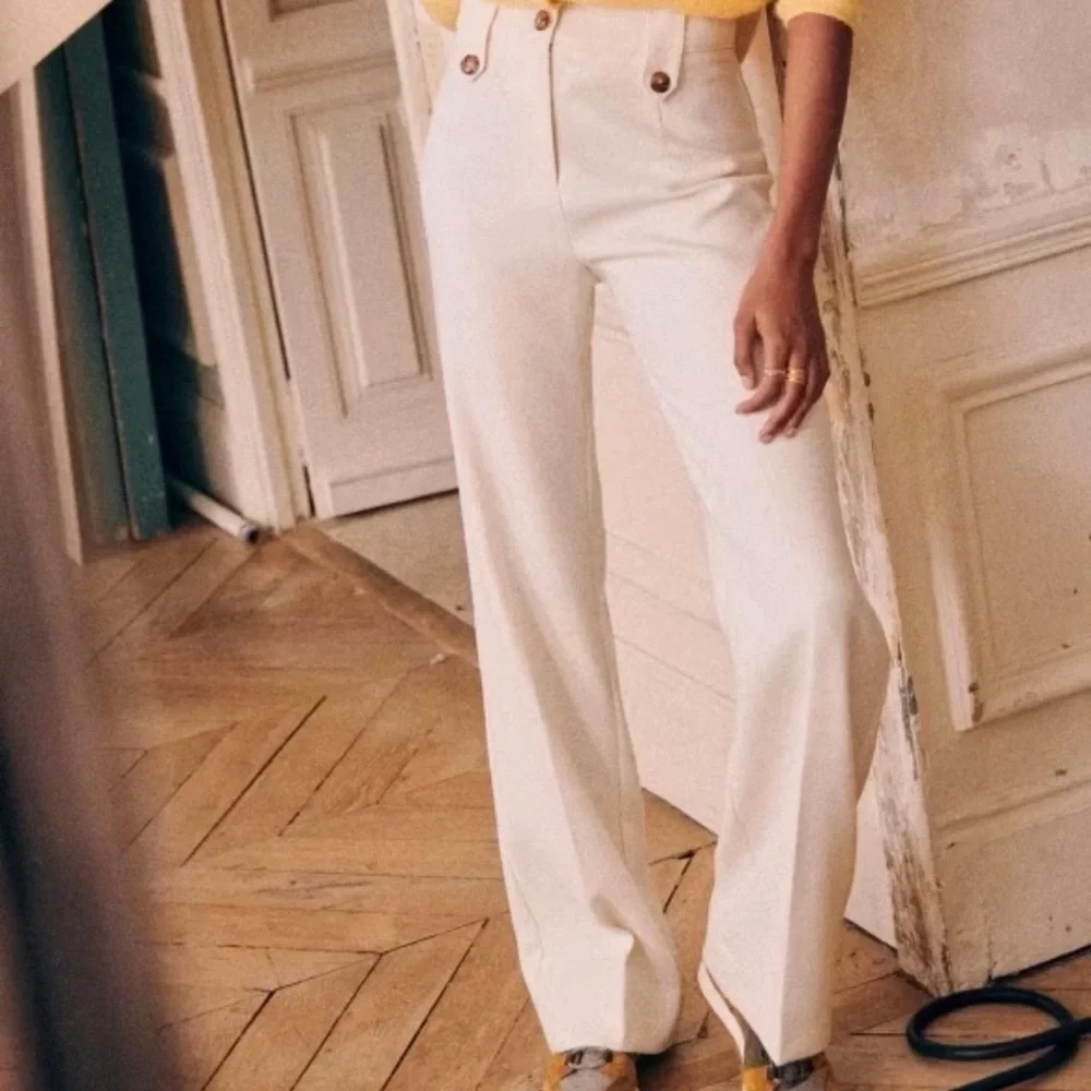 Sezane Yves Trousers Ecru Cream Sz 38 US 6 Wide Leg Long Pant Wool Blend READ - Picture 2 of 16